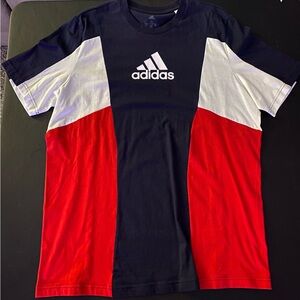 Mens Adidas T-Shirt Size XL. Navy Blue, white and red in color.